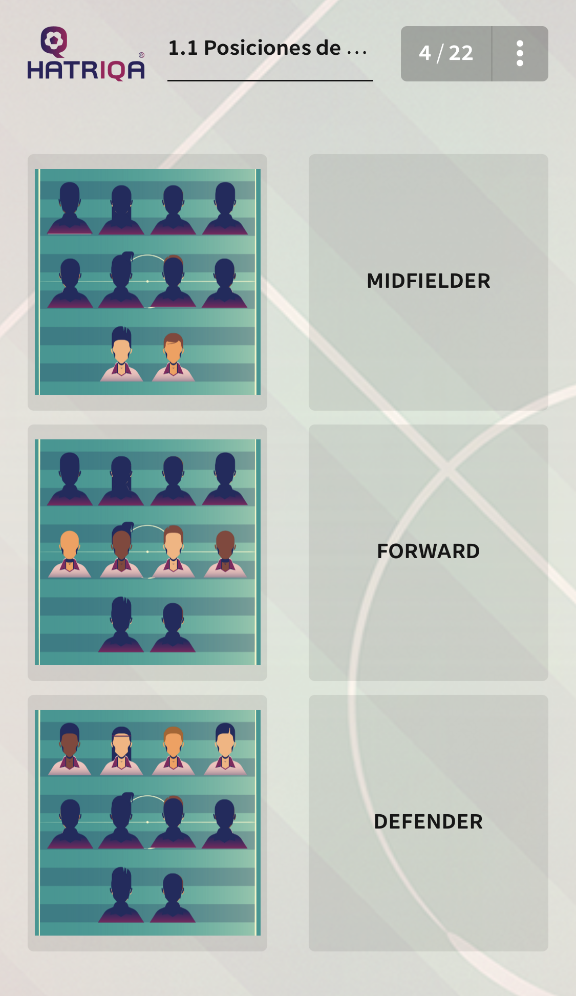 HATRIQA app exercise sorting players by position: midfielder, forward, and defender