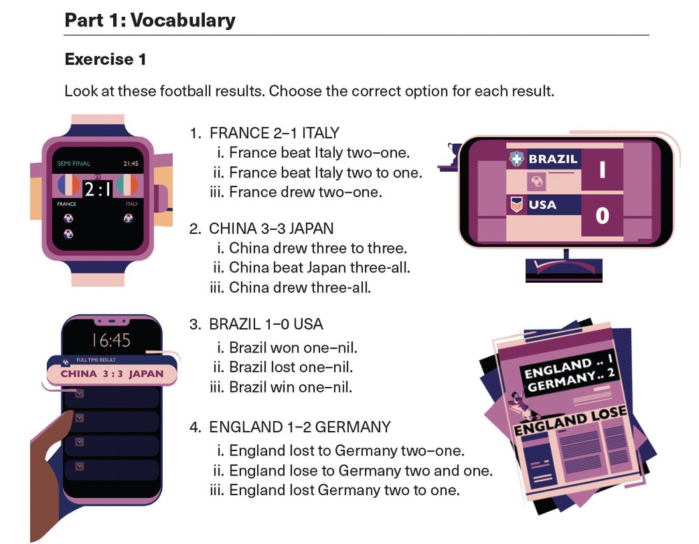 テキストブックのサンプルページ：試合結果の表現を選ぶ練習問題